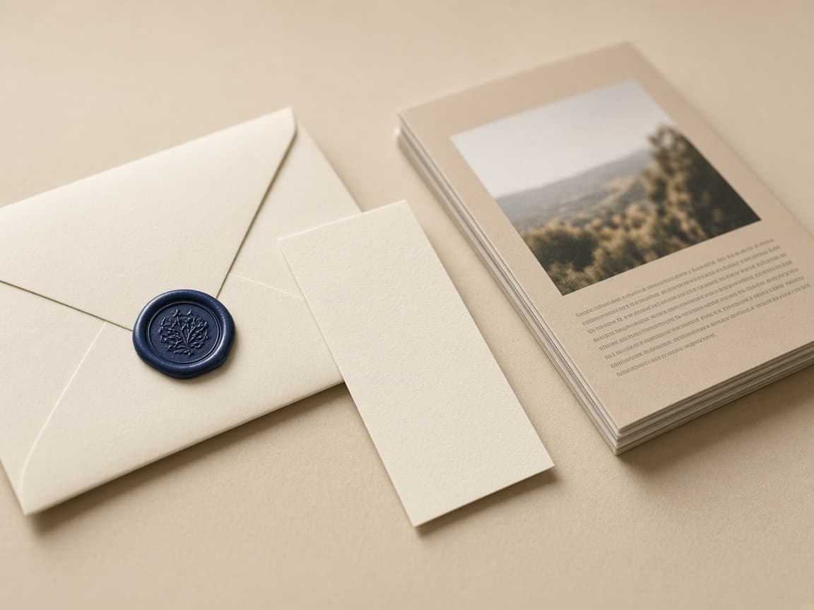 Cream envelope with an indigo seal beside a stacked booklet