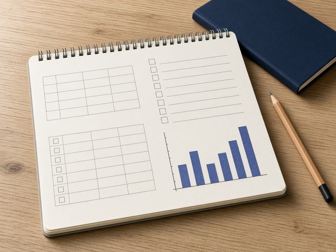 Open spiral workbook with printed tables beside a pencil